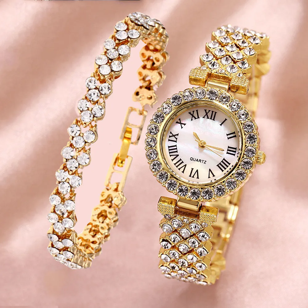 Business All-Match Luxury Diamond-Embedded Starry Sky Elegant Quartz Watch Set with Diamond Hands