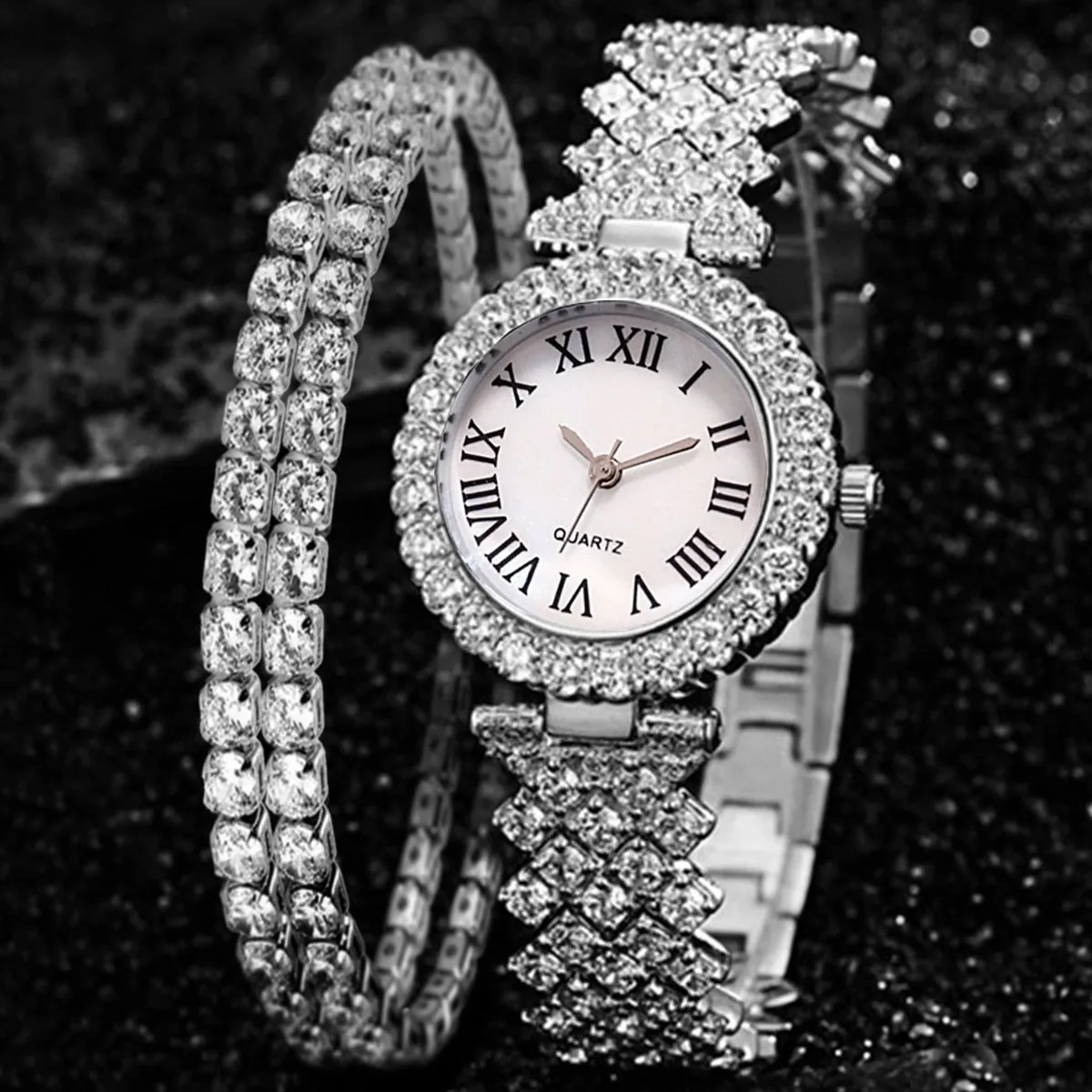 Business All-Match Luxury Diamond-Embedded Starry Sky Elegant Quartz Watch Set with Diamond Hands