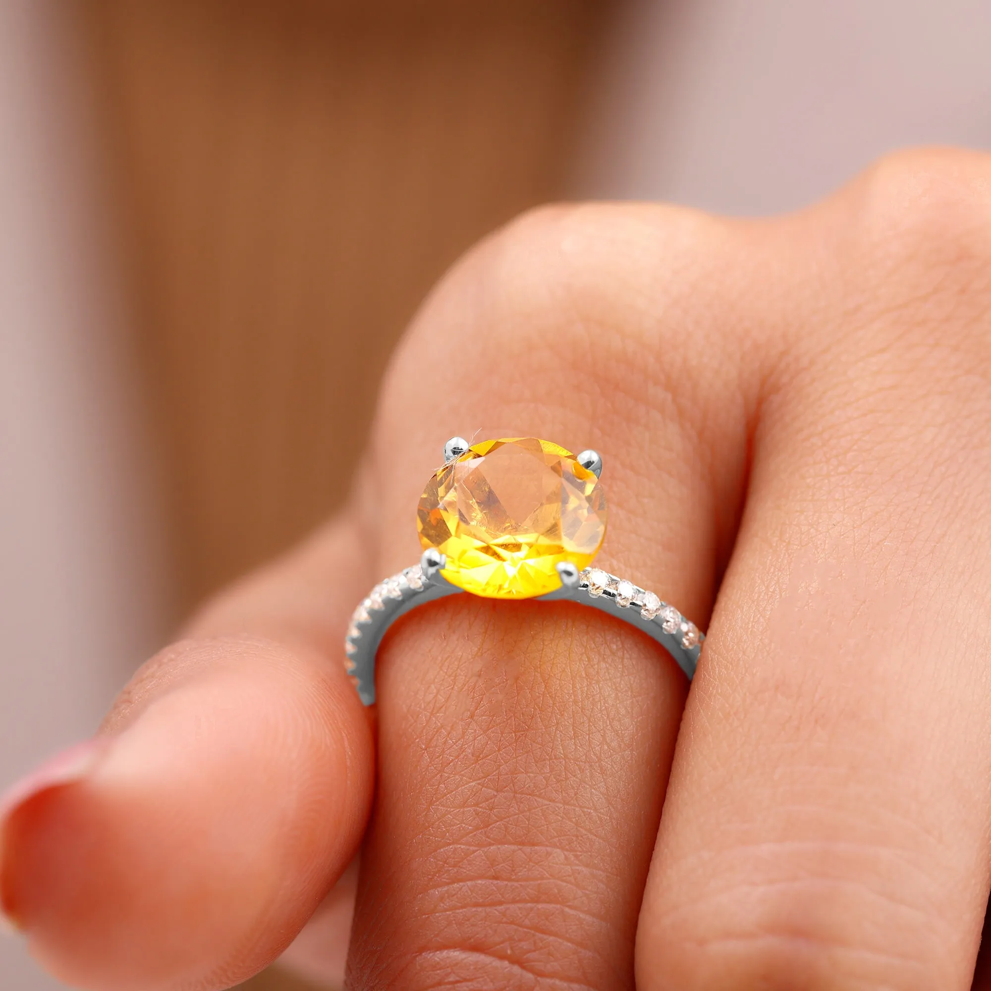 Created Yellow Sapphire Solitaire Engagement Ring with Diamond