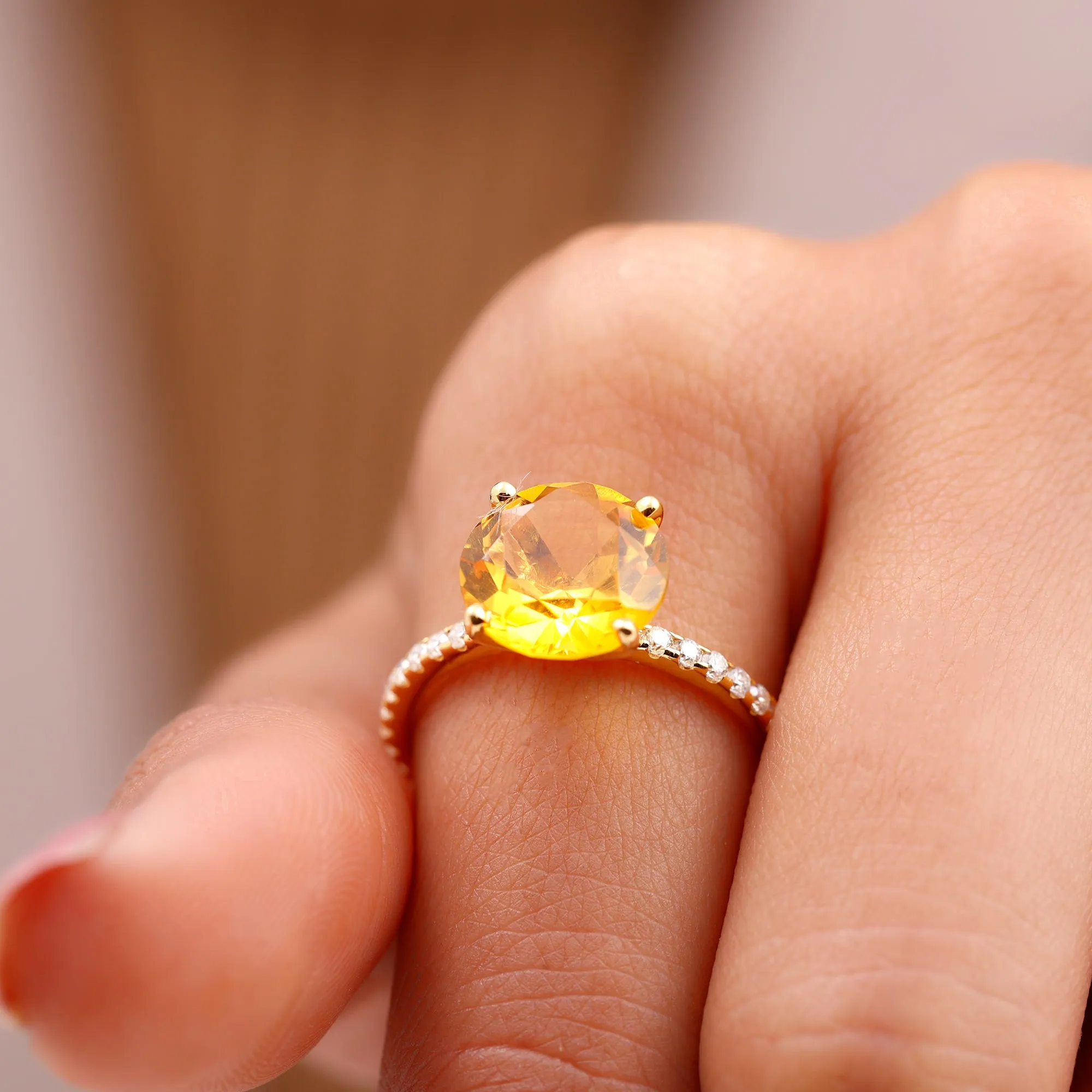 Created Yellow Sapphire Solitaire Engagement Ring with Diamond