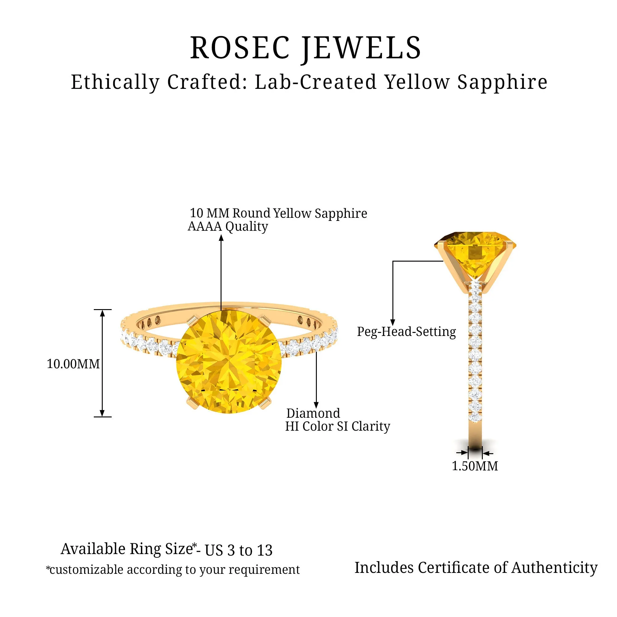 Created Yellow Sapphire Solitaire Engagement Ring with Diamond