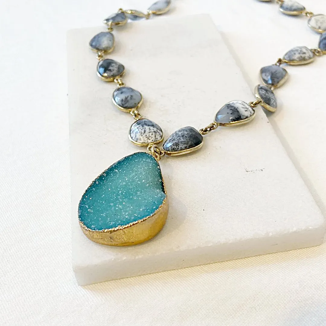 Druzy in Brass with Dendrite Opal with Gold Fill Chain Necklace