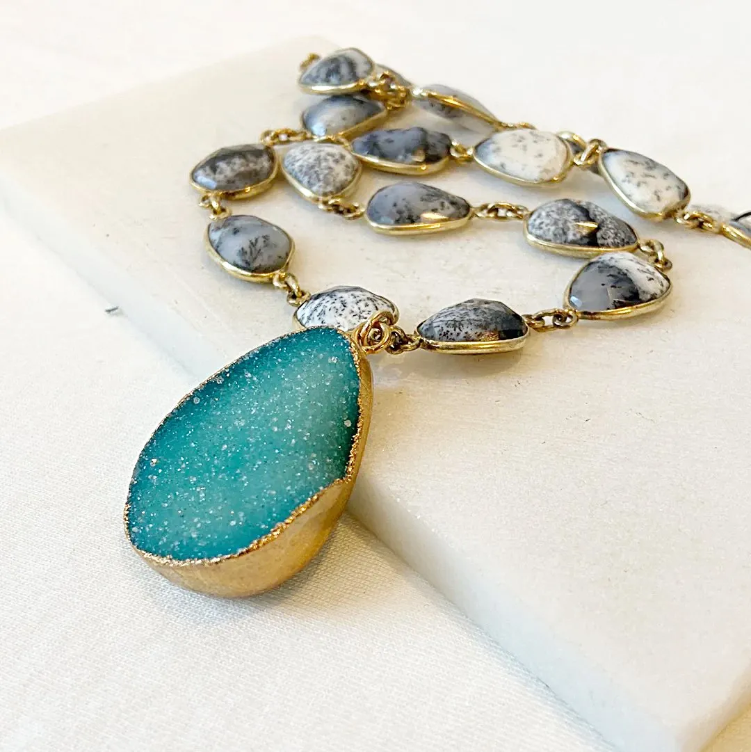 Druzy in Brass with Dendrite Opal with Gold Fill Chain Necklace