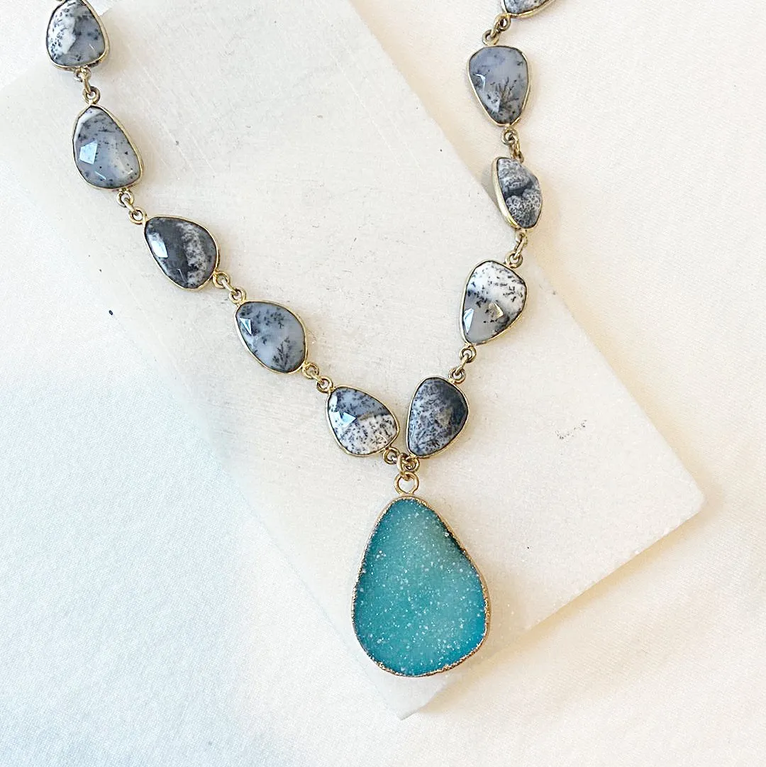 Druzy in Brass with Dendrite Opal with Gold Fill Chain Necklace