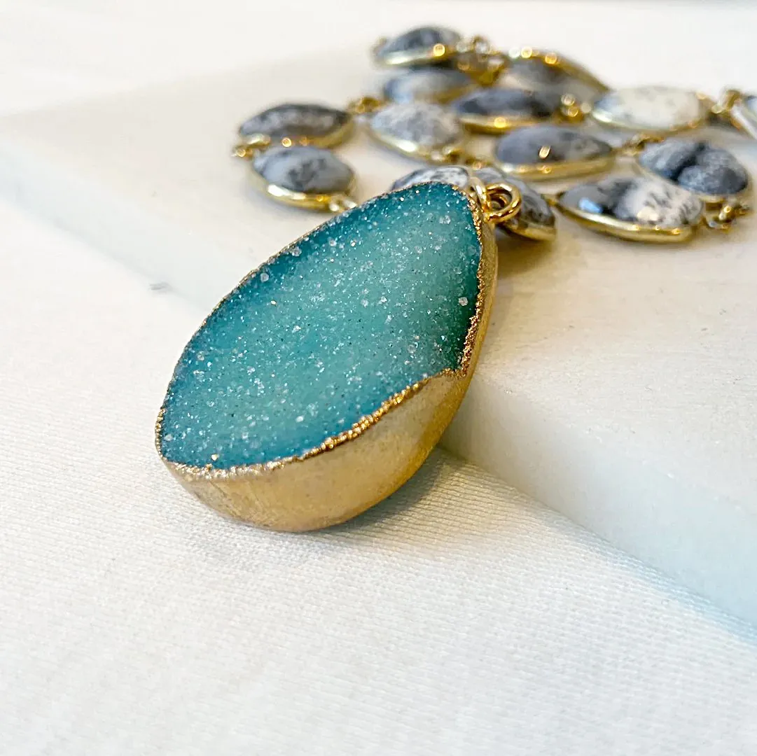 Druzy in Brass with Dendrite Opal with Gold Fill Chain Necklace