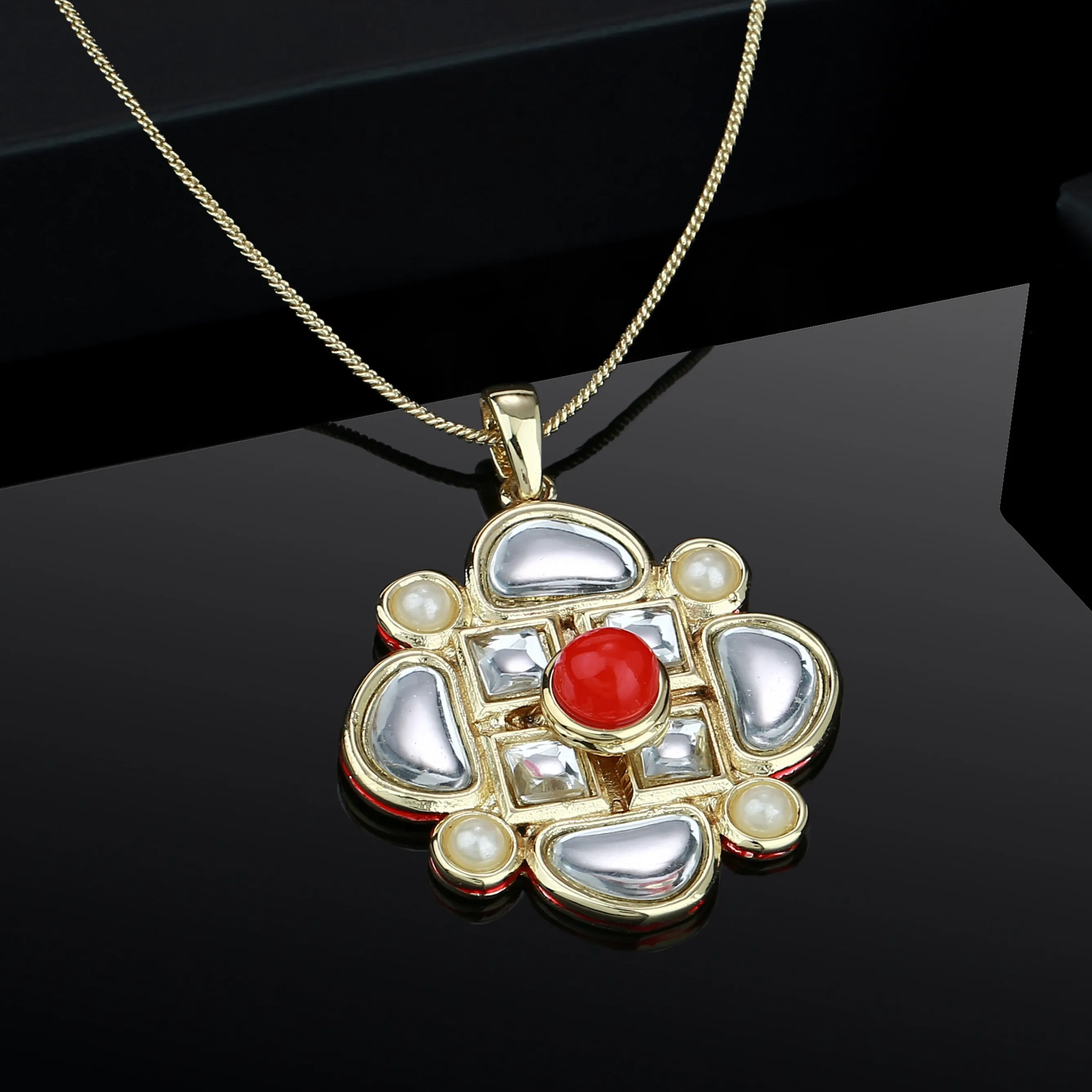 Estele - Gold Plated Chain with White Polki Kundan Pendant for Women / Girls