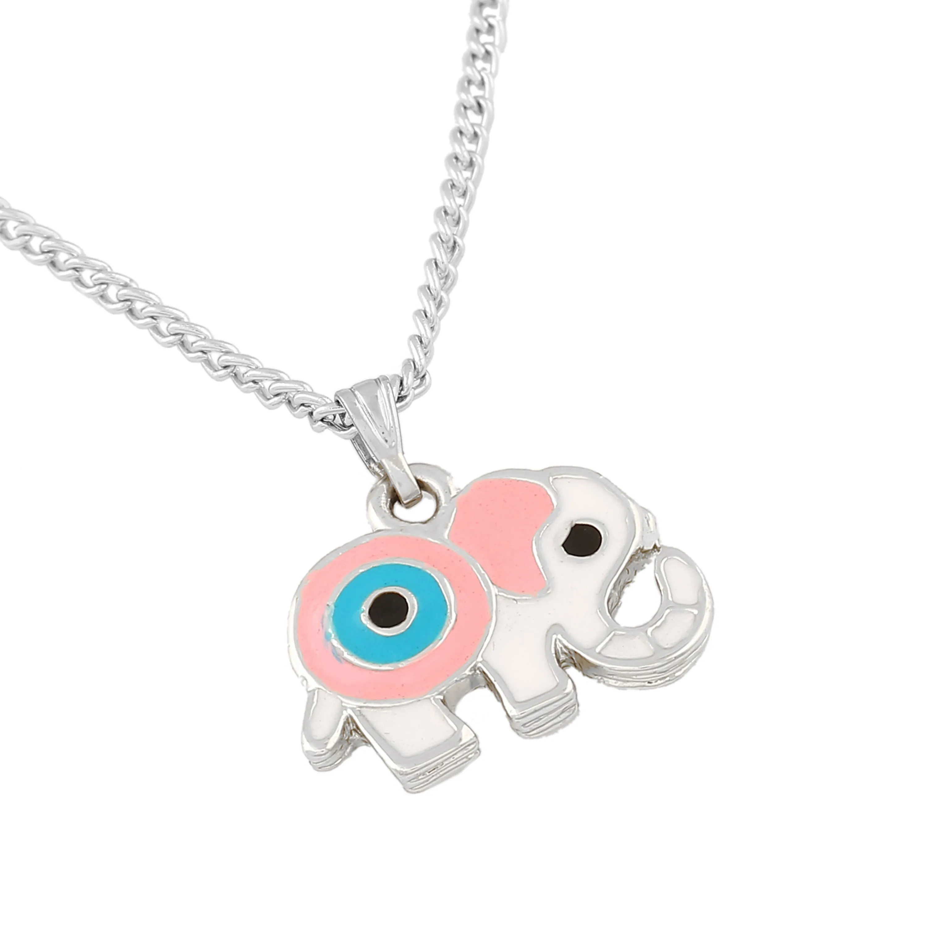 Estele Rhodium Plated Elephant Designer Evil Eye Charm Pendant with Pink & Blue Enamel for Girls/Women