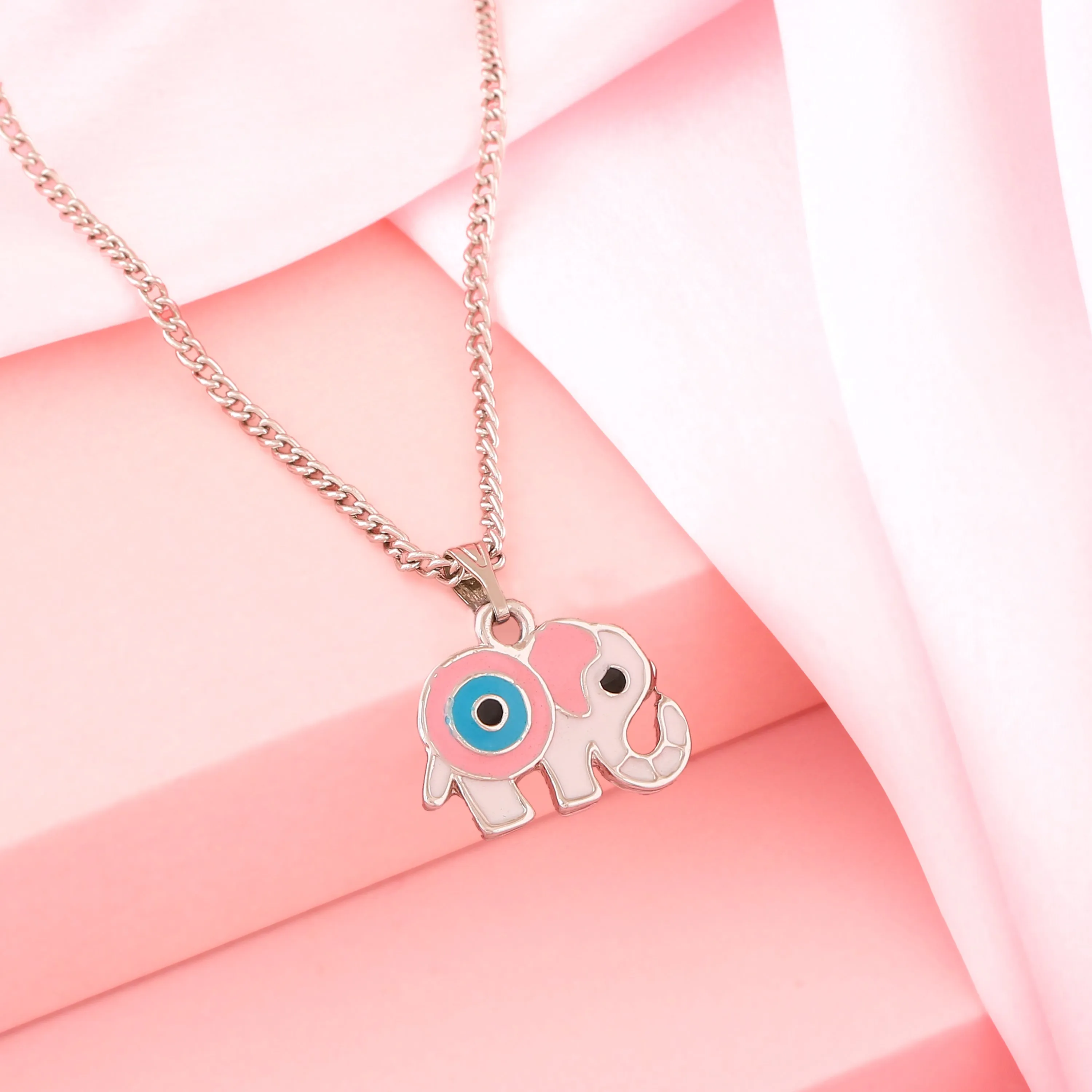 Estele Rhodium Plated Elephant Designer Evil Eye Charm Pendant with Pink & Blue Enamel for Girls/Women