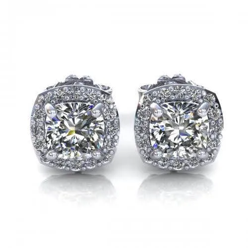 Exquisite 2.10CT Round and Cushion Cut Diamond Stud Earrings in Platinum