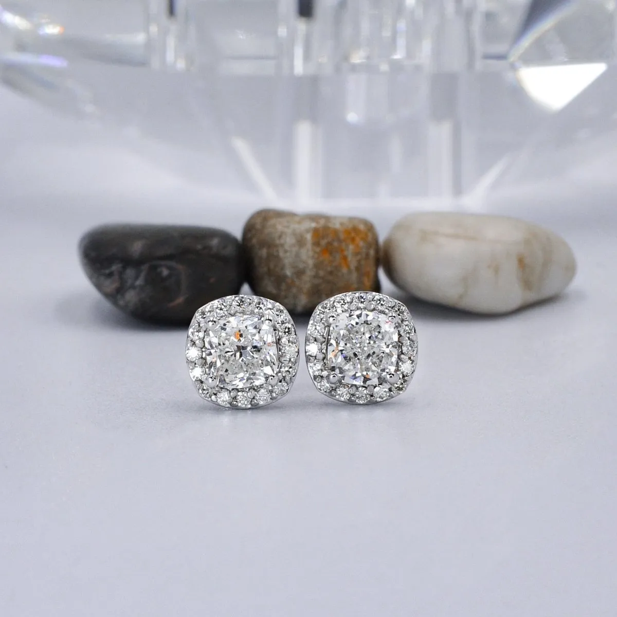 Exquisite 2.10CT Round and Cushion Cut Diamond Stud Earrings in Platinum