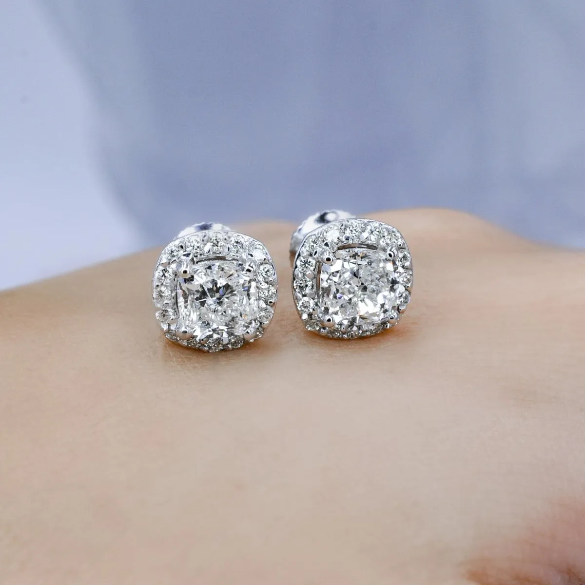 Exquisite 2.10CT Round and Cushion Cut Diamond Stud Earrings in Platinum