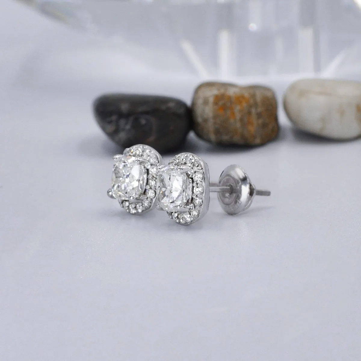 Exquisite 2.10CT Round and Cushion Cut Diamond Stud Earrings in Platinum