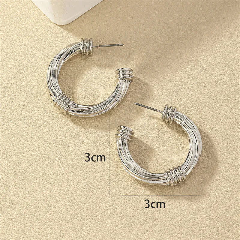 Exquisite C-Shaped Metal Earrings with Woven Fried Dough Twists