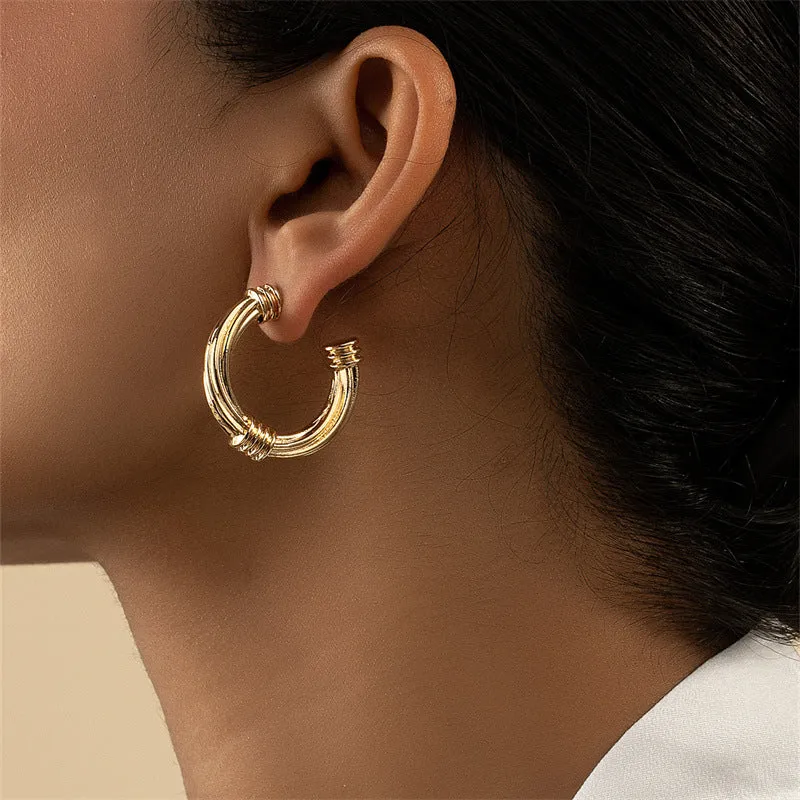 Exquisite C-Shaped Metal Earrings with Woven Fried Dough Twists