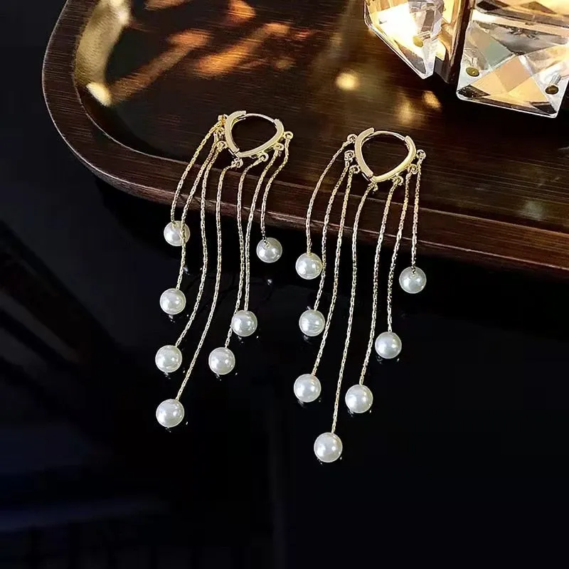 Exquisite Long Tassel Pearl Drop Earrings