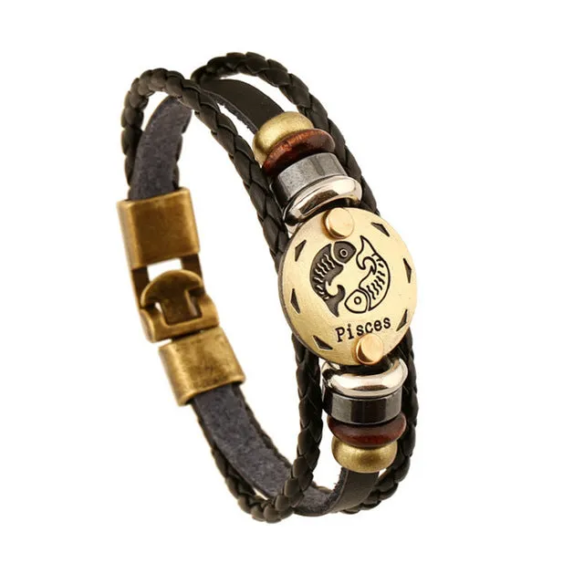 Fashion Alloy Buckles 12 Zodiac Signs Bracelets & Bangles Handmade Vintage Punk Leather Bracelet For Men Women Charm Jewelry