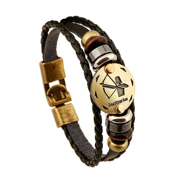 Fashion Alloy Buckles 12 Zodiac Signs Bracelets & Bangles Handmade Vintage Punk Leather Bracelet For Men Women Charm Jewelry