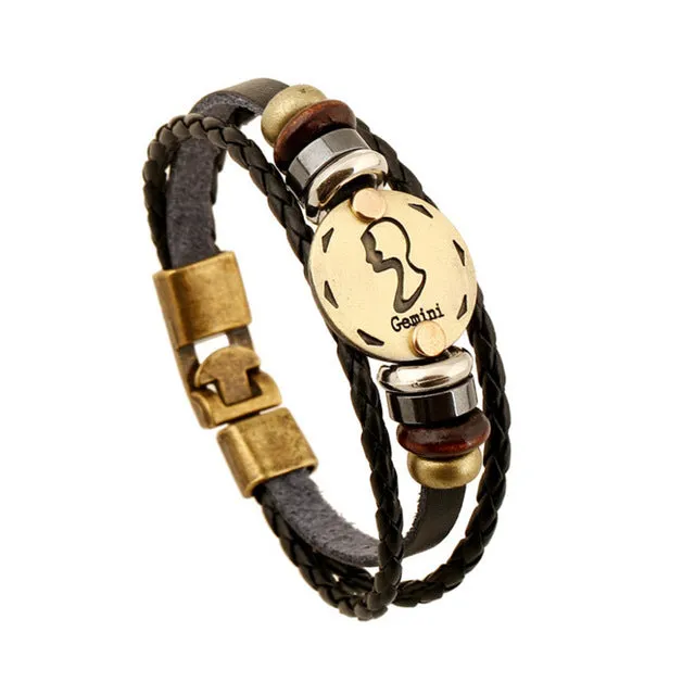 Fashion Alloy Buckles 12 Zodiac Signs Bracelets & Bangles Handmade Vintage Punk Leather Bracelet For Men Women Charm Jewelry