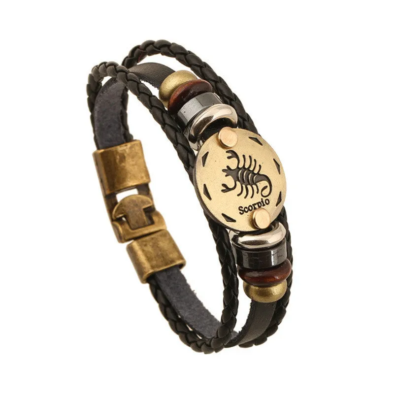 Fashion Bronze Alloy Buckles 12 Zodiac Signs Bracelet Punk Leather Bracelet Wooden Bead   Black Gallstone For Men Charm Jewelry