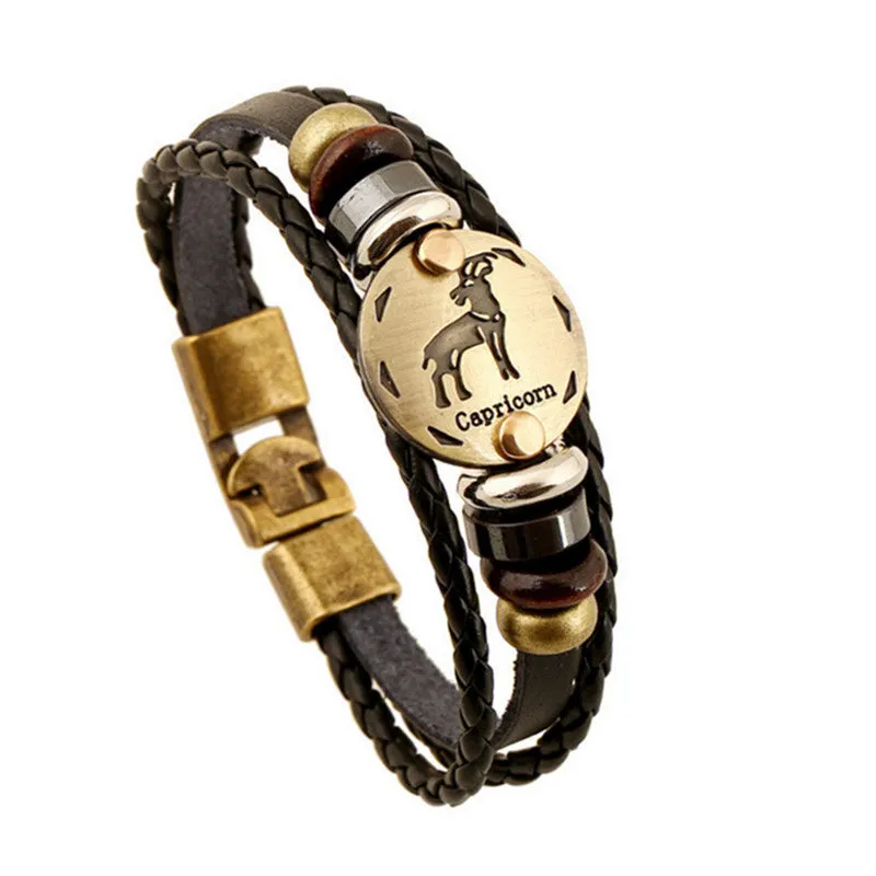 Fashion Bronze Alloy Buckles 12 Zodiac Signs Bracelet Punk Leather Bracelet Wooden Bead   Black Gallstone For Men Charm Jewelry