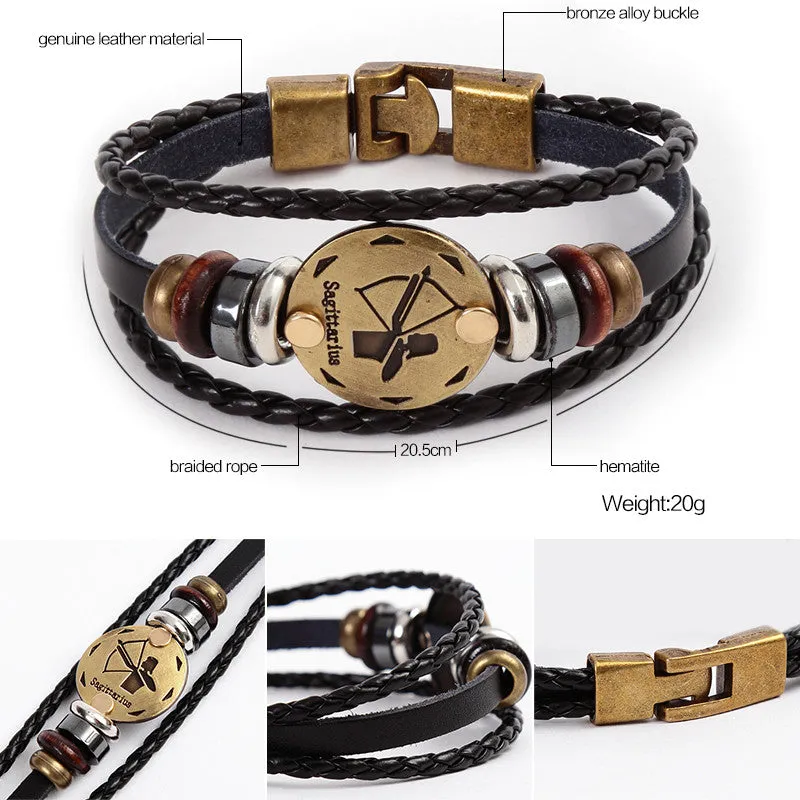 Fashion Bronze Alloy Buckles 12 Zodiac Signs Bracelet Punk Leather Bracelet Wooden Bead   Black Gallstone For Men Charm Jewelry