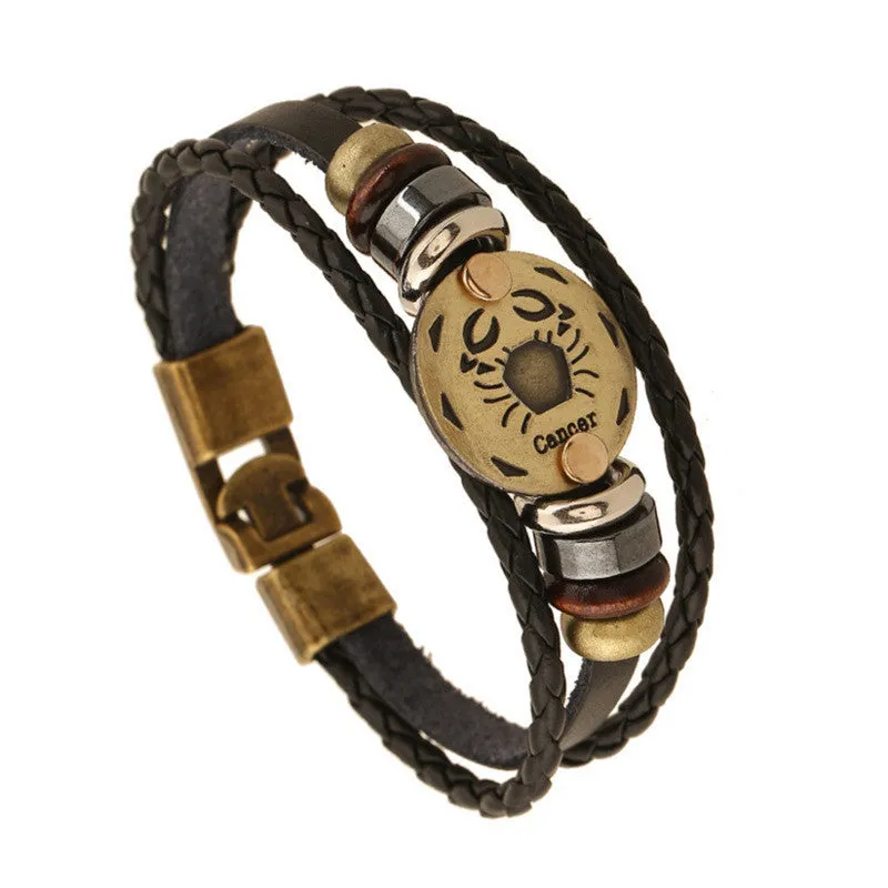 Fashion Bronze Alloy Buckles 12 Zodiac Signs Bracelet Punk Leather Bracelet Wooden Bead   Black Gallstone For Men Charm Jewelry