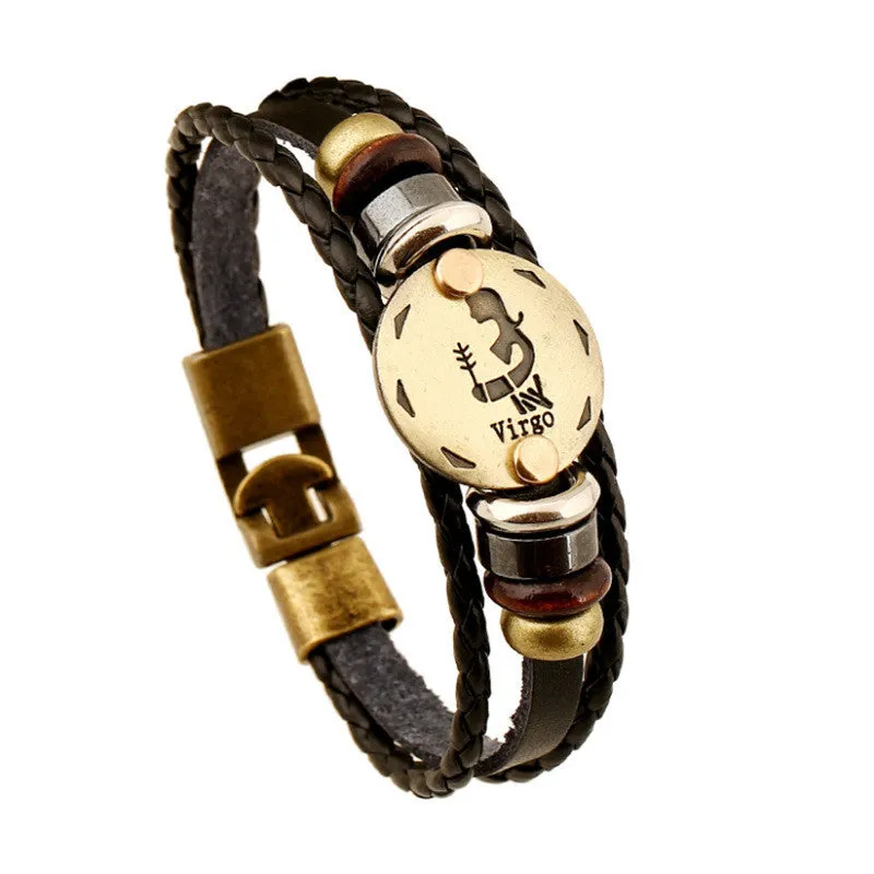 Fashion Bronze Alloy Buckles 12 Zodiac Signs Bracelet Punk Leather Bracelet Wooden Bead   Black Gallstone For Men Charm Jewelry