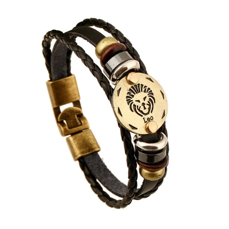 Fashion Bronze Alloy Buckles 12 Zodiac Signs Bracelet Punk Leather Bracelet Wooden Bead   Black Gallstone For Men Charm Jewelry