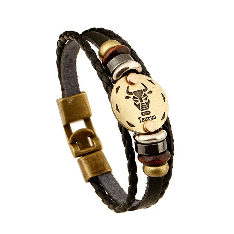 Fashion Bronze Alloy Buckles 12 Zodiac Signs Bracelet Punk Leather Bracelet Wooden Bead   Black Gallstone For Men Charm Jewelry