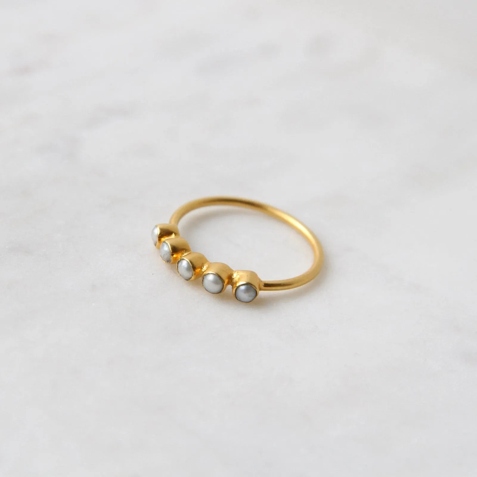 Five White Pearl in Gold Plated Brass Ring