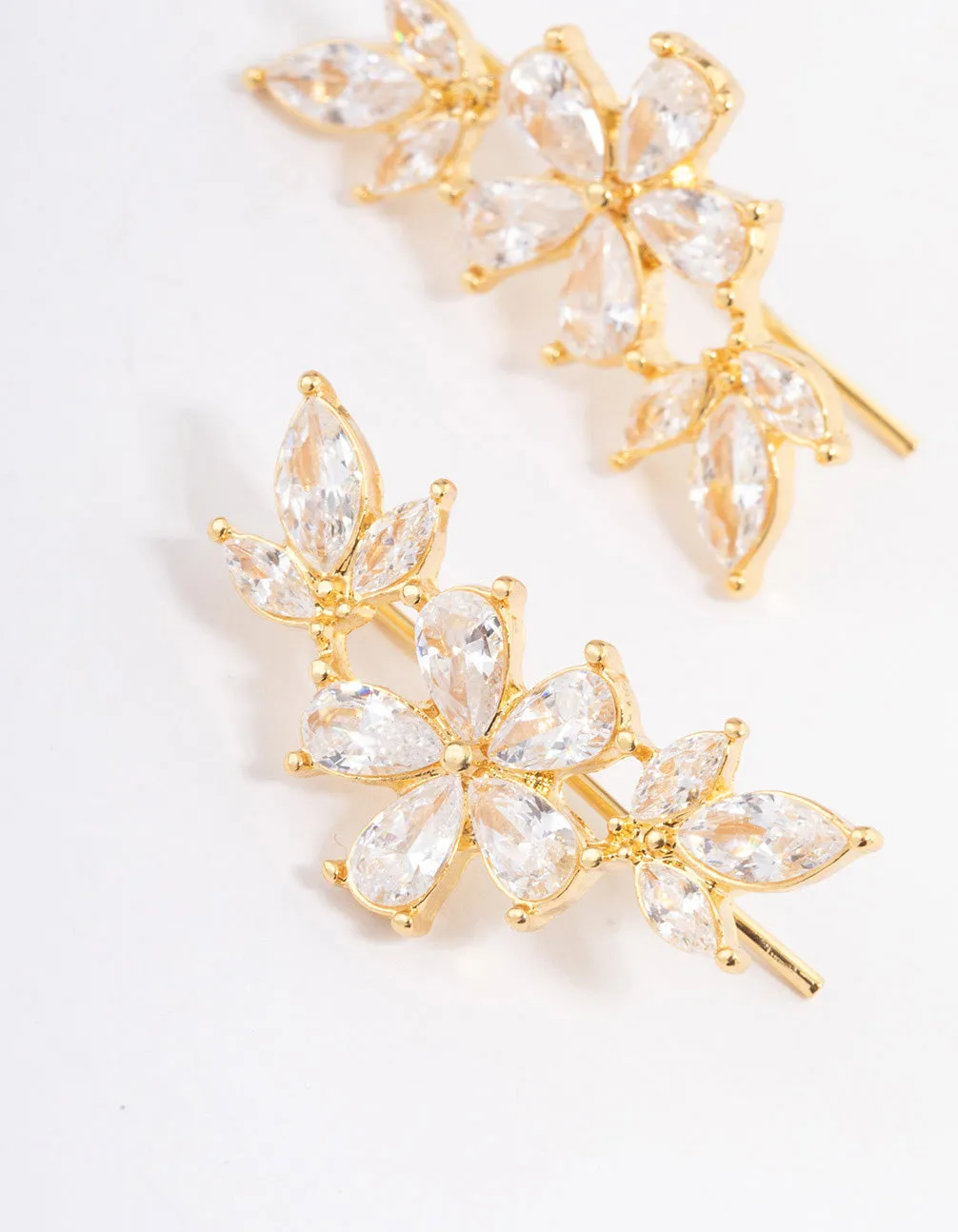 Gold Plated Cubic Zirconia Flower Clawler Stud Earrings