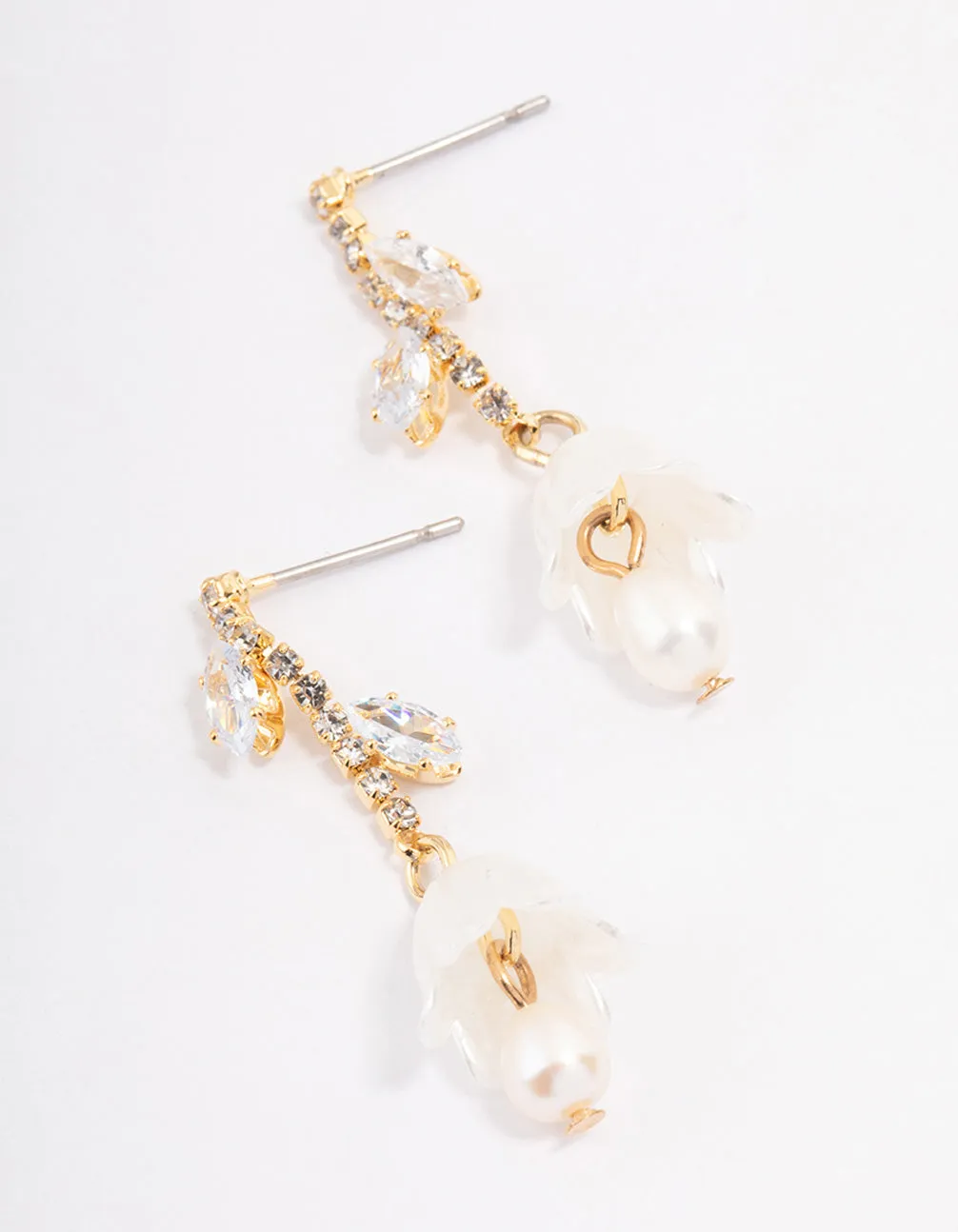 Gold Plated Freshwater Pearl Cubic Zirconia Tulip Drop Earrings