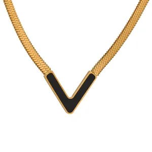 Gold V-Shaped Black Enamel Necklace-jltn0693