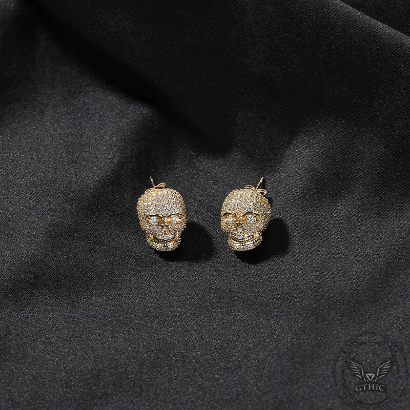 Gothic Skull Zircon Brass Stud Earrings