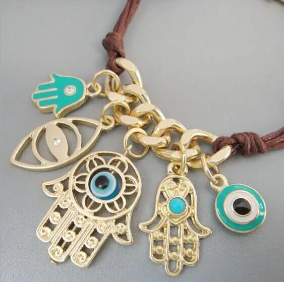 Hamsa Hand Evil Eye Multi Pendant Bracelet Lucky Charm Symbol Women Bracelet