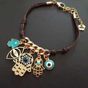 Hamsa Hand Evil Eye Multi Pendant Bracelet Lucky Charm Symbol Women Bracelet