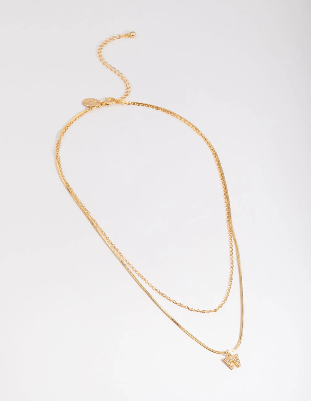 Letter W Gold Plated Layered Diamante Initial Necklace