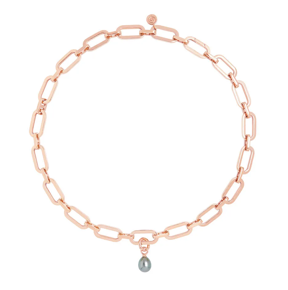 Link Chain Necklace and Tahitian Pearl Charm Rose Gold Set