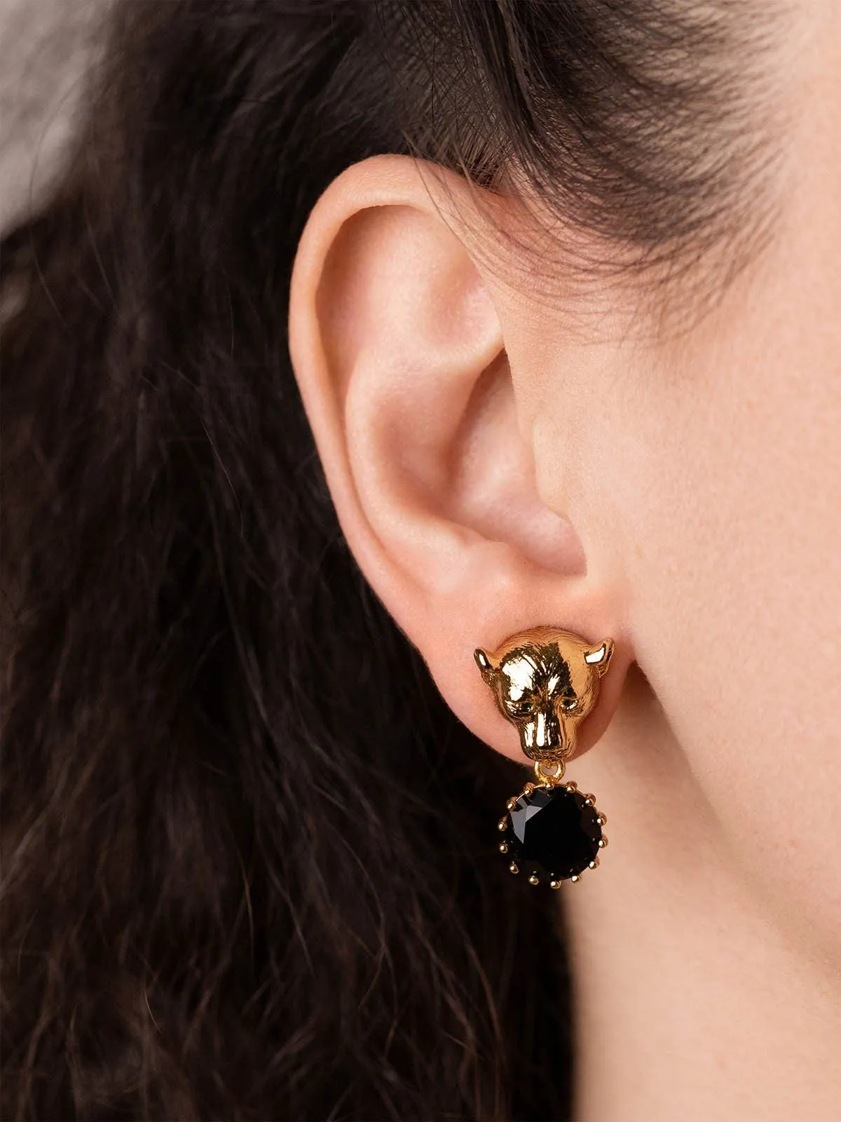 Lioness Earrings With Black CZ Stones