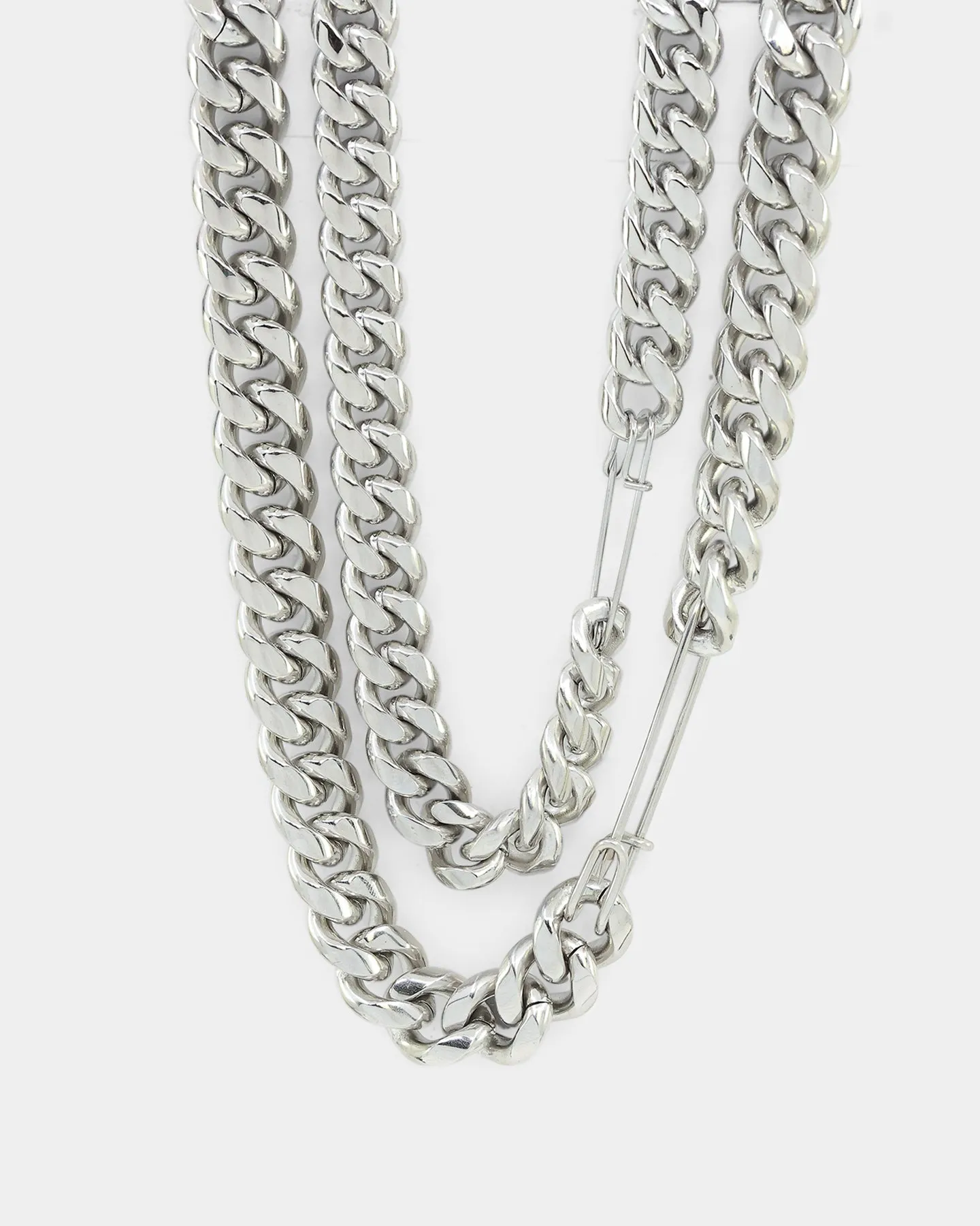 Loiter Safety Pin Double Chain Necklace Pack Silver