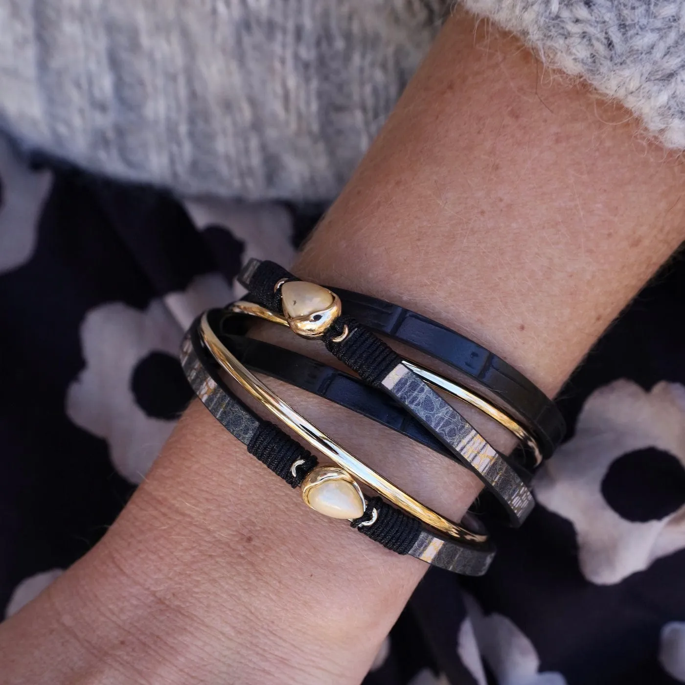 Matte Gold Black Metallic Print Bracelet