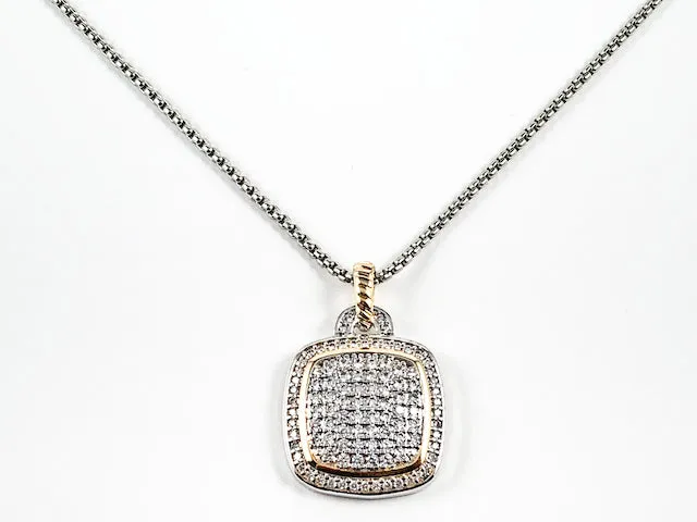 Modern Square Shape Form Pave CZ Pendant Brass Necklace