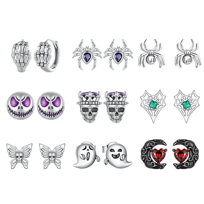 Mysterious Skull Spider Halloween Sterling Silver Earrings