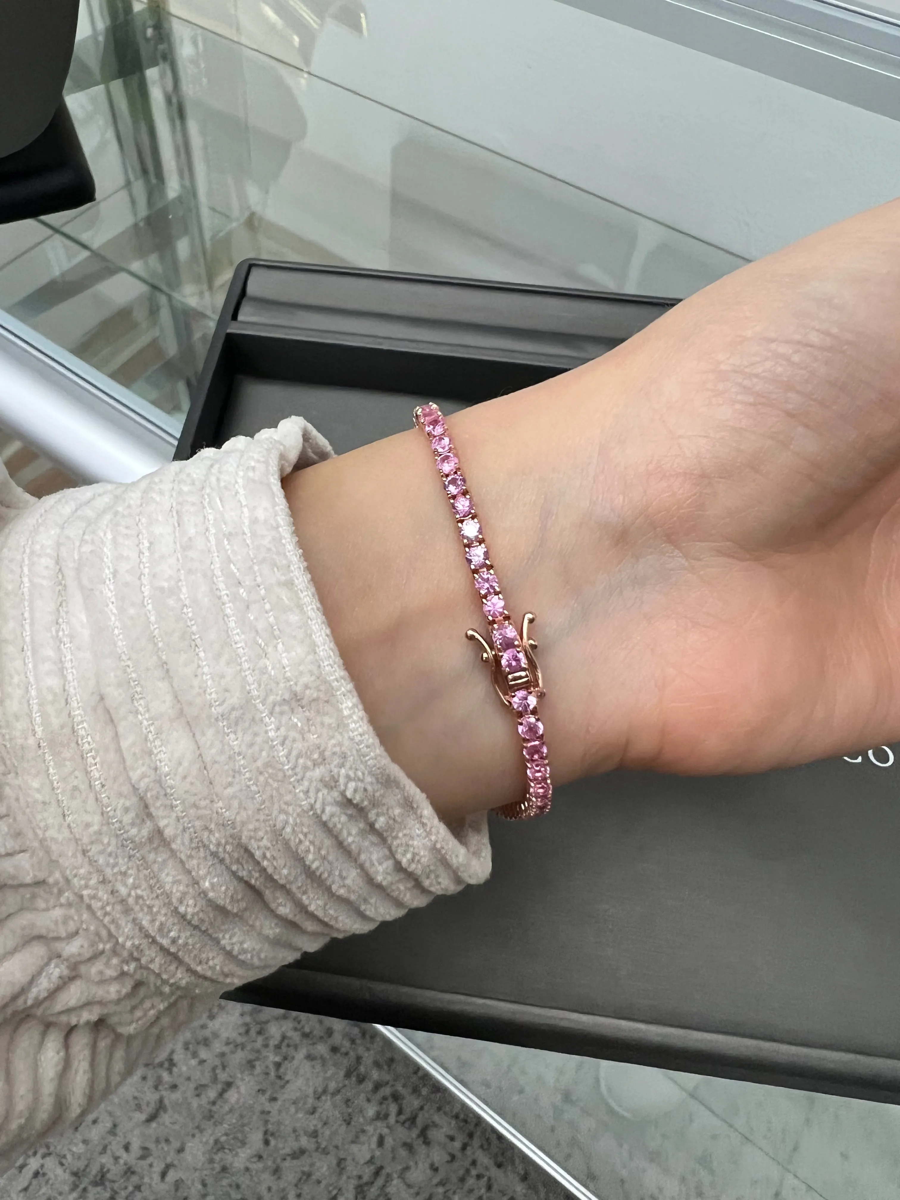 Natural Pink Sapphire Tennis Bracelet 14K Solid Gold