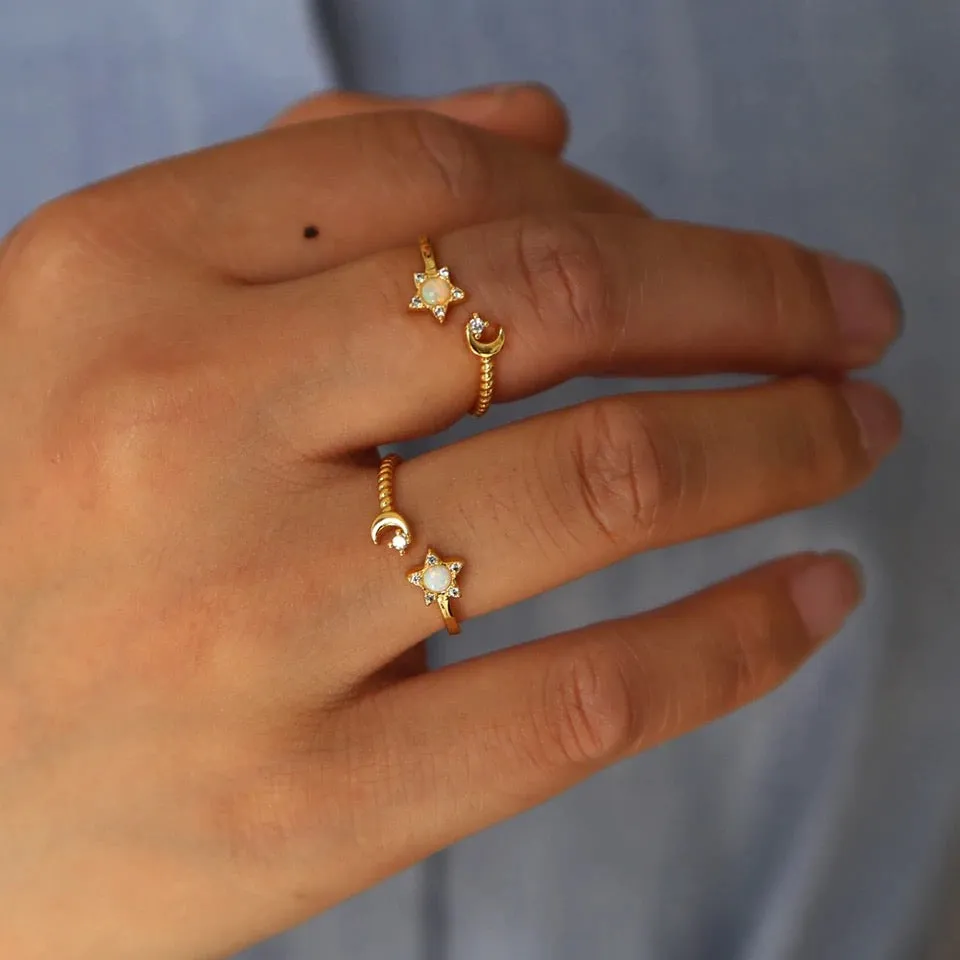 Opal Star & Moon Adjustable Ring