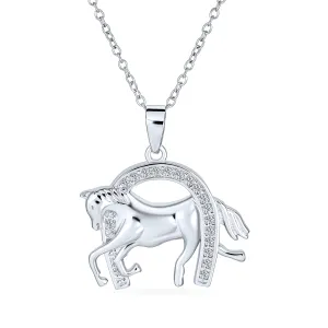 Pave CZ Horse Pendant Necklace with Horseshoe Western Jewelry in Sterling Silver