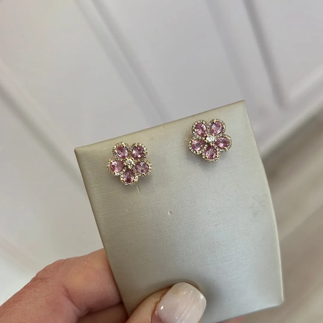 Penelope Pink Sapphire and Diamond Flower Earrings 14K