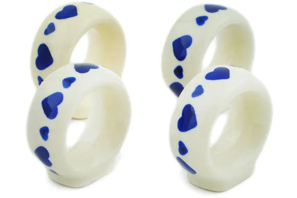 Polish Pottery 4-Piece Napkin Rings Set Blue Valentine Hearts