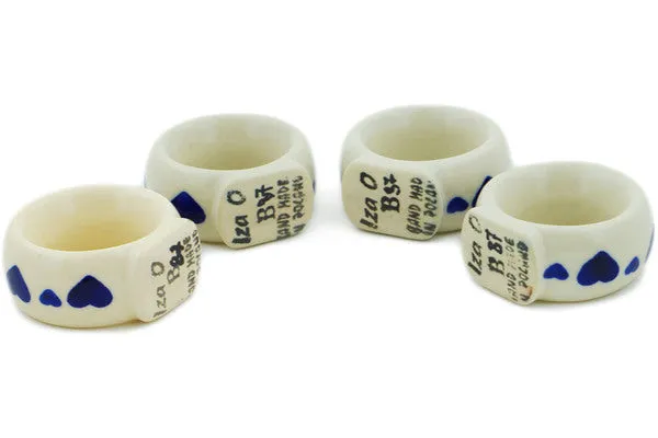 Polish Pottery 4-Piece Napkin Rings Set Blue Valentine Hearts