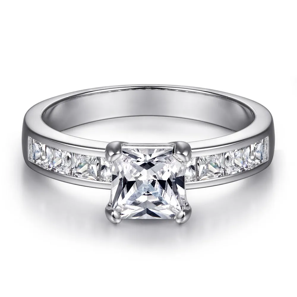 Princess Cut Zircon with Half Eternity Silver Ring Set